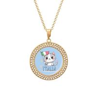 Italia Cat Bandiera Italiana Donna Personalizzato Ciondolo Collana Rotonda Diamante Collane Gioielli Regali per Uomo Compleanno, Misura unica, Metallo