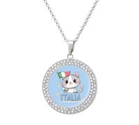 Italia Cat Bandiera Italiana Donna Personalizzato Ciondolo Collana Rotonda Diamante Collane Gioielli Regali per Uomo Compleanno, Misura unica, Metallo