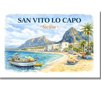 Italia Luoghi Magnete - Illustrazione Artistica Acquerello Città e Luoghi Costieri Italiani - Souvenir Magnete Frigorifero 0903261 (SAN VITO LO Capo)
