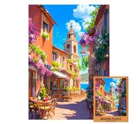 Italian Coastal Puzzle | Colorful Wooden Jigsaw of Sunny Café Street by The Sea | Mediterranean Puzzle Gift | Blooming Summer Art | 1000 (XXL-1000PECES)