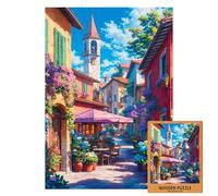 Italian Village Puzzle | Wooden Jigsaw of Colorful Street with Flowers & Bell Tower | Romantic Summer Café Scene | Art Puzzle Gift | 1000 (M-100PECES)