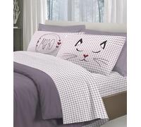 ITALYSWEETHOME - Completo Lenzuola 100% Cotone Miao Gatto PENSIERI DELICATI Made in Italy (Rosa, Piazza e Mezza)