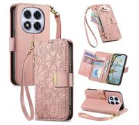 iTape Custodia per telefono in pelle goffrata per Redmi Note 14 Pro 5G, morbida al tatto, cordino crossbody custodia per telefono, più slot per schede con zip intorno al portafoglio Rosa