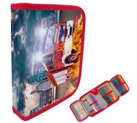 itenga Astuccio per bambini 28 pezzi riempito - Astuccio per studenti 1 zip con penne, righello e accessori - Astuccio scuola elementare, Motivo pompieri, Tasca aggiuntiva