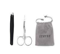 Ithyes - Set completo da 2 pezzi, composto pinzette a punta obliqua in acciaio inox e forbicine per taglio di precisione, dare forma alle sopracciglia, peli incarniti, del naso, punti neri