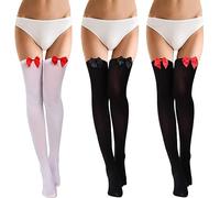 Itian 3 Paia Calze Autoreggenti Sexy,Pizzo Calze sopra Ginocchio Calze Donna Lunghe Fiocco Cute Calze Autoreggenti Fiocco Alte alla Coscia per Valentine,Halloween Bomboniere