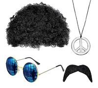 Itian 4 Pezzi Hippie Accessories,Set di Costumi Hippie,Parrucca Afro,Funky Occhiali Sole,Collana con Segno di Pace,Baffi Finti Autoadesivi,Per Carnevale Festa a Tema