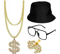 Itian Costumi Hip Hop,Accessori Rapper Costume Hip Hop,Cappello da PescatoreOcchiali da Sole,Segno del Dollaro Bracciale Anello in Oro,per Feste di Carnevale(4Pezzi)