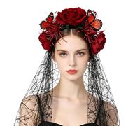 ITODA Cerchietto floreale per Halloween, con motivo floreale e farfalla, ragnatela in pizzo nero, fantasma, copricapo per il giorno dei morti, con velo, per feste di Halloween, cosplay, travestimento