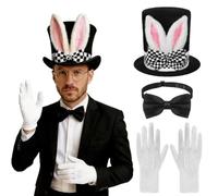 ITODA Set costume da coniglio bianco, cappello pasquale con orecchie da coniglio, cappello a cilindro con orecchie da coniglio, cappello in peluche, guanti, papillon, occhiali, cappellaio matto, set