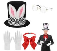 ITODA Set costume da coniglio bianco, cappello pasquale con orecchie da coniglio, cappello a cilindro con orecchie da coniglio, cappello in peluche, guanti, papillon, occhiali, cappellaio matto, set