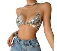 ITODA Top corto da donna con paillettes e scollo a V, sexy, con glitter, senza maniche, con catena scintillante, per estate, spiaggia, paillettes, schiena scoperta, per feste, night club, festival