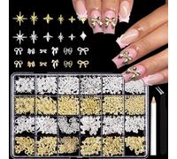 ITPOYOL Ciondoli per nail art, in metallo dorato e argento, a forma di stella, gemme e ciondoli per unghie con fiocco e nodo, gioielli artigianali strass accessori pinzette e matite di cera per donne