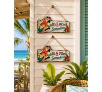 It's 5 O'Clock Somewhere Parrot Wall Art - Tropical Patio wall-deco Hanging Sign with Rope, Colorful Rustic Beach Bar Decor for Porch, Tiki Hut, Pool Area, Kitchen and Man Cave