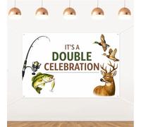 It's a double celebration backdrop, tema caccia doppio sfondo compleanno banner pesca e germano reale anatra cervo caccia fotografia sfondo per ragazzi uomini gemelli fratelli congiunto festa di