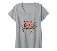 It's Fine Chaos Coordinator Tutto va Bene Divertente Maglietta con Collo a V, Donna, Grigio Melange, XL