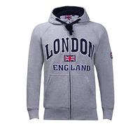 Itzu London England - Felpa con cappuccio e cerniera completa da uomo, in cotone, design della bandiera britannica, grigio chiaro, L