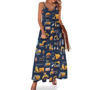 IUBBKI Abiti Estivi Lunghi da Donna per Le Vacanze 2026 - Digger Roadblock Dozer Print Spaghetti Strap Beach Maxi Sundress XX-Large