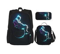 IUBBKI Astronauta luminoso seduto sulla terra Zaino scolastico in tre pezzi per ragazze e adolescenti (combinazione borsa scuola + astuccio + borsa pranzo)