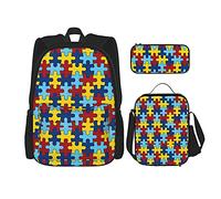 IUBBKI Autism Awarenes Colorato Puzzle Piece Zaino Studente School Book Borse Set 3 Pezzi Con Lunch Box Astuccio Per Ragazzi Ragazze