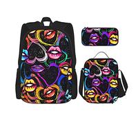 IUBBKI Cartone animato labbra colorate motivo d'amore Zaino scolastico in tre pezzi per ragazze e adolescenti (combinazione borsa scuola + astuccio + borsa pranzo)