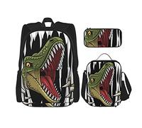 IUBBKI Cartoon raptor mascotte strappando Zaino scolastico in tre pezzi per ragazze e adolescenti (combinazione borsa scuola + astuccio + borsa pranzo)