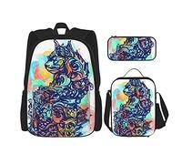 IUBBKI Colore gatto magico Zaino scolastico in tre pezzi per ragazze e adolescenti (combinazione borsa scuola + astuccio + borsa pranzo)