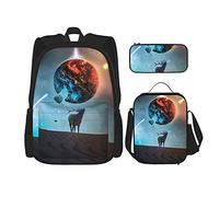 IUBBKI Elk under the beautiful Mars Earth Zaino scolastico in tre pezzi per ragazze e adolescenti (combinazione borsa scuola + astuccio + borsa pranzo)