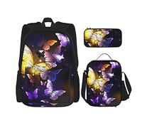 IUBBKI Fantastica farfalla viola luminosa Zaino scolastico in tre pezzi per ragazze e adolescenti (combinazione di borsa per la scuola + astuccio + borsa per il pranzo)