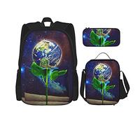 IUBBKI Fiore di terra stellata Zaino scolastico in tre pezzi per ragazze e adolescenti (combinazione borsa scuola + astuccio + borsa pranzo)