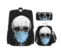 IUBBKI La consapevolezza della sicurezza dei teschi della morte Zaino scolastico in tre pezzi per ragazze e adolescenti (combinazione borsa scuola + astuccio + borsa pranzo)
