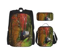 IUBBKI Set 3 pezzi Zaini 3DPrint Train Through The Forest Book Bag Viaggio Campeggio Lavoro School Bag Astuccio Pranzo Borsa Combinazione Per Uomini Donne Ragazzi Ragazze