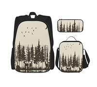 IUBBKI Set da 3 pezzi con zaino, cervo nella capanna, nebbia, montagna, tema di caccia, giallo e caffè, paese, alce, borsa da viaggio, lavoro, scuola, astuccio, pranzo, borsa, combinazione per uomin