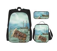 IUBBKI Set da 3 pezzi Zaini Antico vecchio baule nelle onde dell'oceano con magico Barca dei pirati a tema Libro illustrato Borsa da viaggio Borsa da scuola da lavoro Astuccio da pranzo Combinazion
