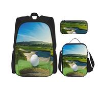 IUBBKI Set da 3 pezzi Zaini Cozy Plush Golf Course Beautiful Hole Bunker Book Bag Viaggio Campeggio Lavoro School Bag Astuccio Pranzo Borsa Combinazione Per Uomo Donna Ragazzi Ragazze