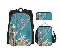 IUBBKI Set da 3 pezzi Zaini l Marine Beach Starfish Shell Sea Life Book Bag Viaggio Campeggio Lavoro School Bag Astuccio Pranzo Combinazione Per Uomo Donna Ragazzi Ragazze