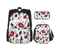 IUBBKI Set da 3 pezzi, zaini, occhiali da sole con labbra rosse e tacco alto, borsa per libri, astuccio portapenne, borsa per il pranzo, per uomini, donne, ragazzi e ragazze.
