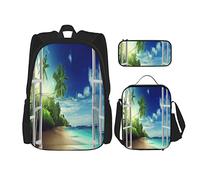 IUBBKI Set da 3 pezzi Zaini Ocean Beach Theme Bueskai Sea And Palm Trees Book Bag Viaggio Campeggio Borsa da scuola Astuccio Pranzo Borsa Combinazione per uomo Donna Ragazzi Ragazze