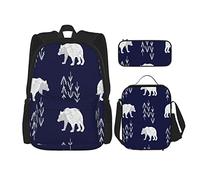 IUBBKI Set da 3 pezzi Zaini Orso bianco e alberi sulla marina Borsa da libro Viaggio Campeggio Borsa da scuola Astuccio Portapranzo Combinazione per uomo Donna Ragazzi Ragazze