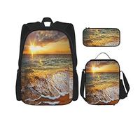 IUBBKI Set da 3 pezzi Zaini Tropical Beach Holiday Sand And Sunrise Sea Waves Book Bag Viaggio Campeggio Lavoro School Bag Astuccio Pranzo Borsa Combinazione Per Uomini Donne Ragazzi Ragazze