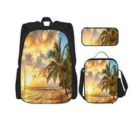 IUBBKI Set di 3 zaini a tema tropicale con immagini di paesaggi al tramonto sull'oceano, palme, onde e stile hawaiano, astuccio portapenne, borsa per il pranzo, per uomini, donne, ragazzi e ragazze.
