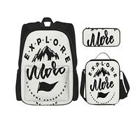IUBBKI Set di 3 zaini Adventure Explore More con frase scritta per badge Discover Drawn Bookbag, astuccio portapenne, borsa per il pranzo, combinazione per uomini, donne, ragazzi e ragazze.