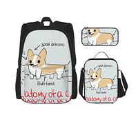 IUBBKI Set di 3 zaini (anatomia di un Corgi), borsa per libri, borsa per il pranzo e astuccio, grazioso bagaglio a mano per università, lavoro, palestra, escursionismo e pesca.