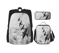 IUBBKI Set di 3 zaini, bianco e nero, con immagine retrò dei bombardieri Lancaster della Battaglia d'Inghilterra, borsa, astuccio e borsa per il pranzo, per uomini, donne, ragazzi e ragazze.