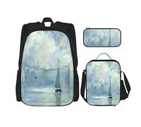 IUBBKI Set di 3 zaini blu con motivo nautico dipinto a olio, barca da viaggio con onde del mare, astuccio portapenne, borsa per il pranzo, per uomini, donne, ragazzi e ragazze.