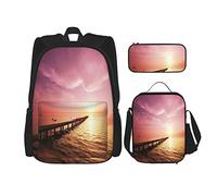 IUBBKI Set di 3 zaini Boardwalk On The Beach, borsa, astuccio e borsa per il pranzo, per uomini, donne, ragazzi e ragazze.