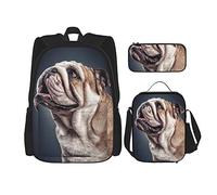 IUBBKI Set di 3 zaini (bulldog inglese) con borsa per libri, borsa per il pranzo e astuccio per matite, per università, lavoro, palestra, escursionismo, pesca, bagaglio a mano.