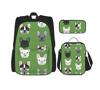 IUBBKI Set di 3 zaini (cane francese verde) con borsa per libri + borsa per il pranzo + astuccio per matite, grazioso zaino per università, lavoro, palestra, escursionismo, pesca, bagaglio a mano.