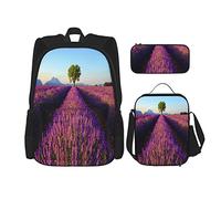 IUBBKI Set di 3 zaini con albero dell'amore in campo di lavanda all'alba, borsa per libri, astuccio portapenne, borsa per il pranzo, per uomini, donne, ragazzi e ragazze.