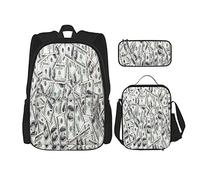 IUBBKI Set di 3 zaini con banconote divertenti da 100 dollari, cento dollari, Stati Uniti, borsa per libri, astuccio portapenne, borsa per il pranzo, per uomini, donne, ragazzi e ragazze.